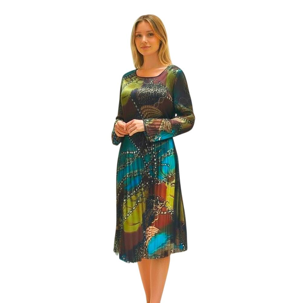 Colorful Satin Mesh Overlay Midi Dress Pleated Bell Sleeve Size Small NWT Lindi